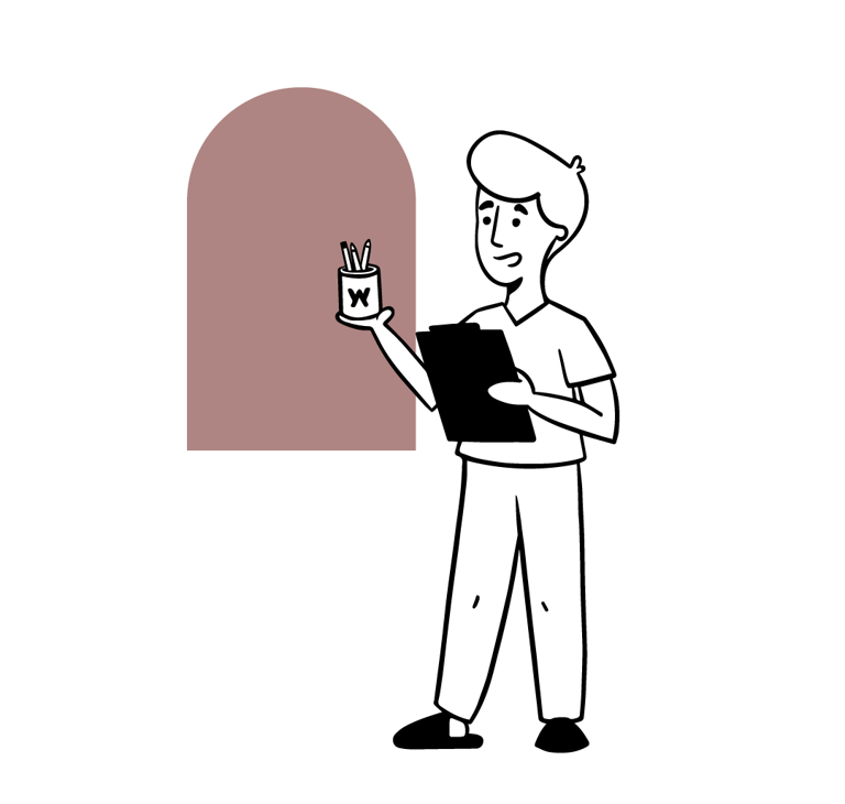 Ilustración de una persona sosteniendo un vaso con lápices y una carpeta en las manos