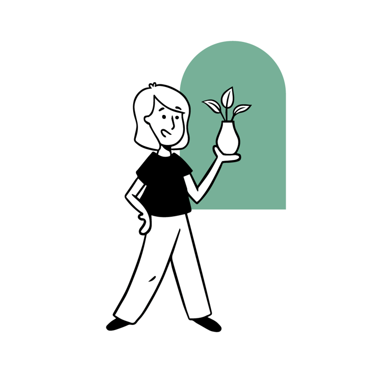 Ilustración de una persona con una planta en su hogar, representando el estilo de vida sostenible promovido por Woodville.