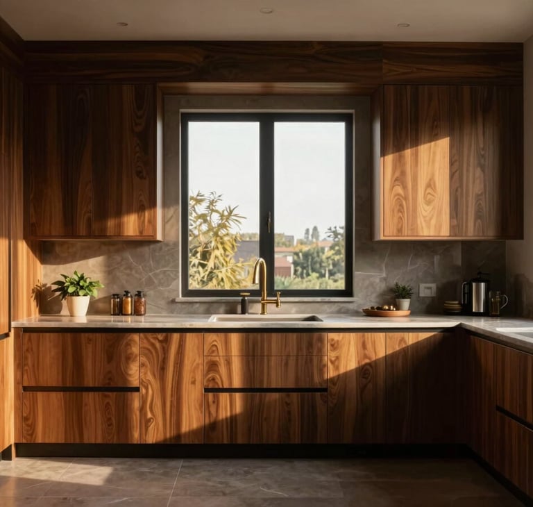 Straight-on architectural photography of a luxury kitchen with custom walnut cabinets, warm golden-hour light streaming through a large window, rich dark tones, sharp focus.
