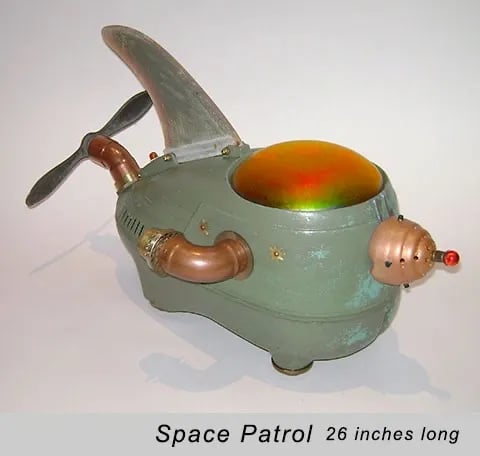 Found object spaceship sculpture named Space Patrol by artist Tal Avitzur.