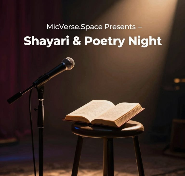 A close-up of a microphone with a softly lit stage background, ready for poets.