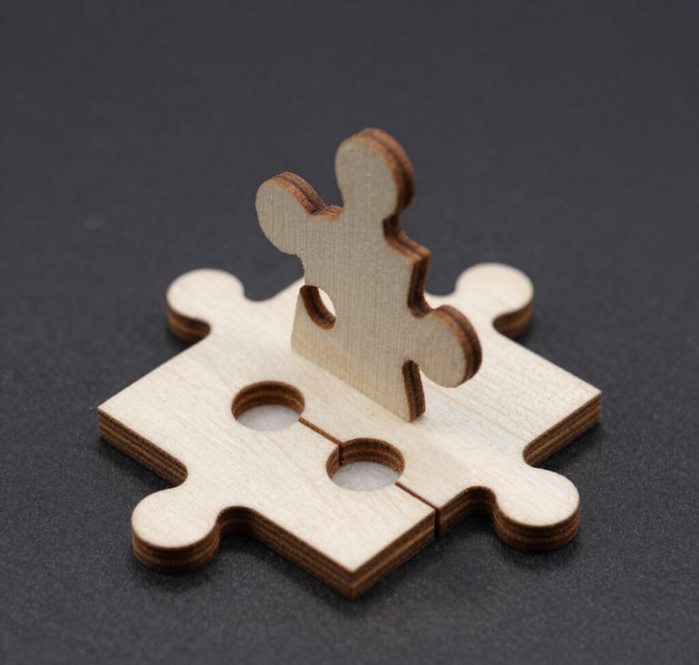 Close-up of wooden jigsaw puzzle pieces connecting on a dark background for problem-solving concepts.