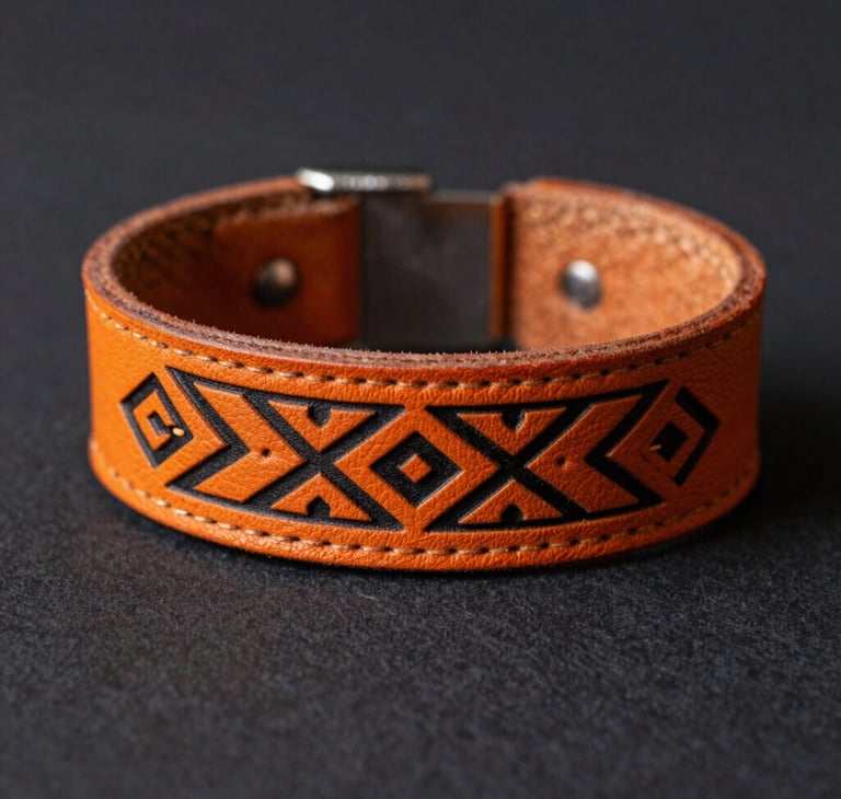 Handcrafted tan leather cuff bracelet with black geometric tribal patterns and metal clasp.