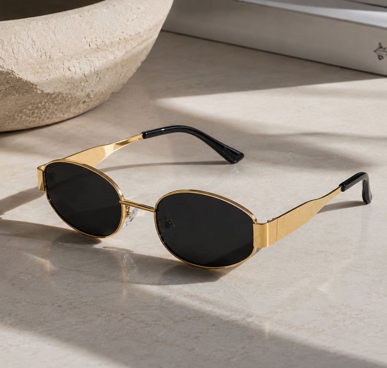 Gold oval sunglasses with dark lenses on neutral background