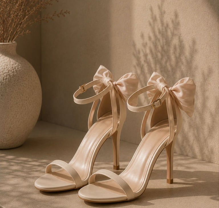 Pair of beige bow strap heels styled in warm natural light with a luxury aesthetic.