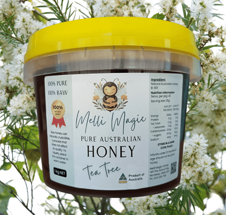 Melli Magic 1kg tub of pure Australian raw Australian Tea Tree honey with a yellow lid and bee logo.