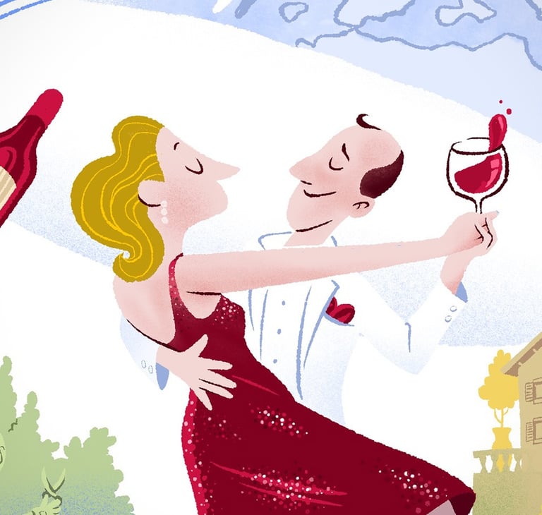 Retro illustration of a couple dancing outdoors while holding glasses of red wine.