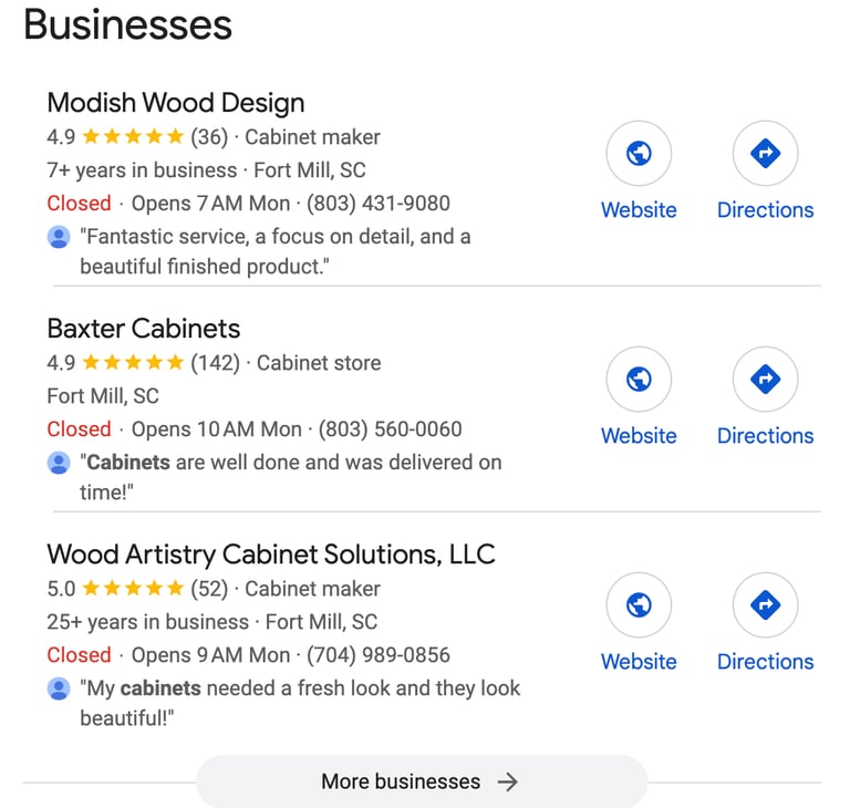 a phone screen showing a list of business and business services
