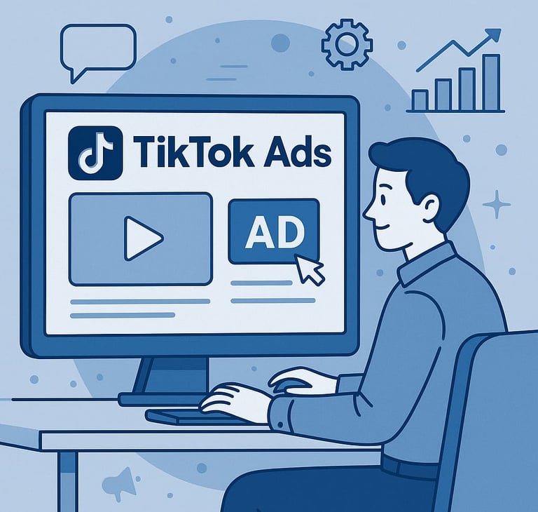 Hombre sentado en un escritorio usando una computadora con "TikTok Ads" mostrado en la pantalla, iconos de redes sociales y g