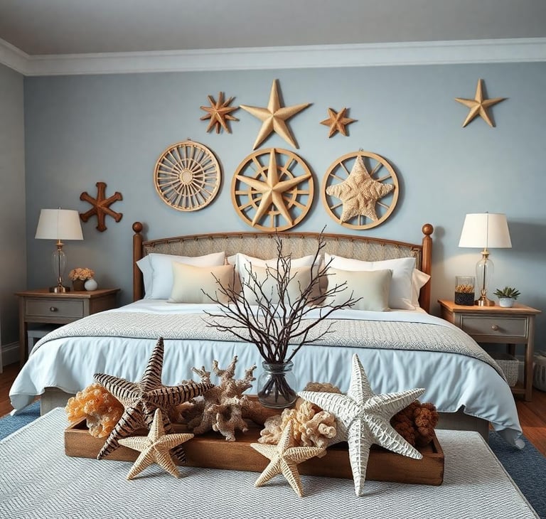 a nautical bedroom with starfish and coral decor