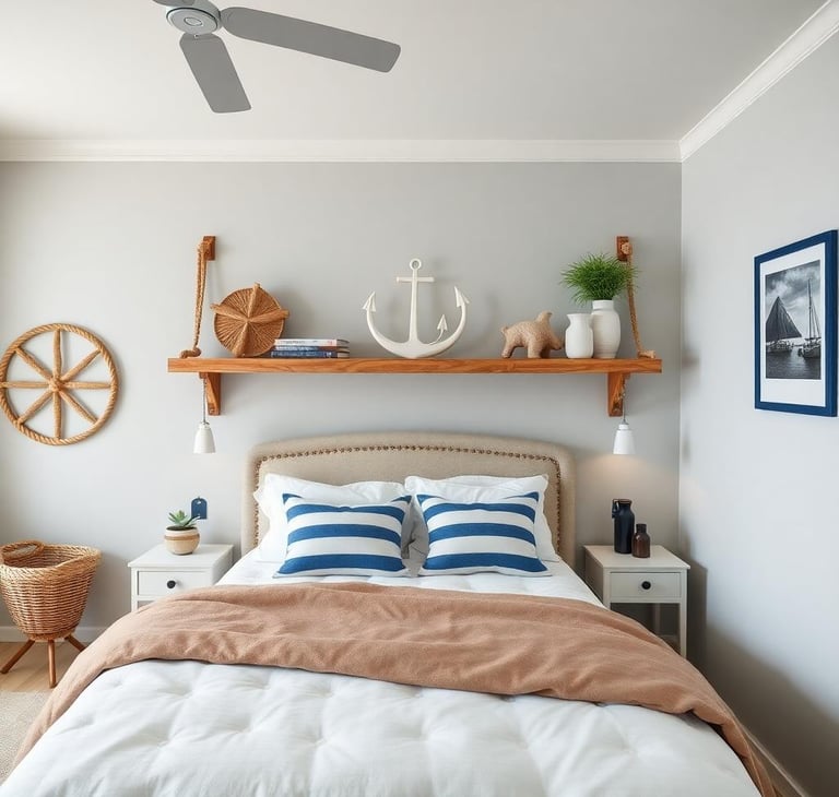 a nautical bedroom with a bed, shelves and a ceiling fan
