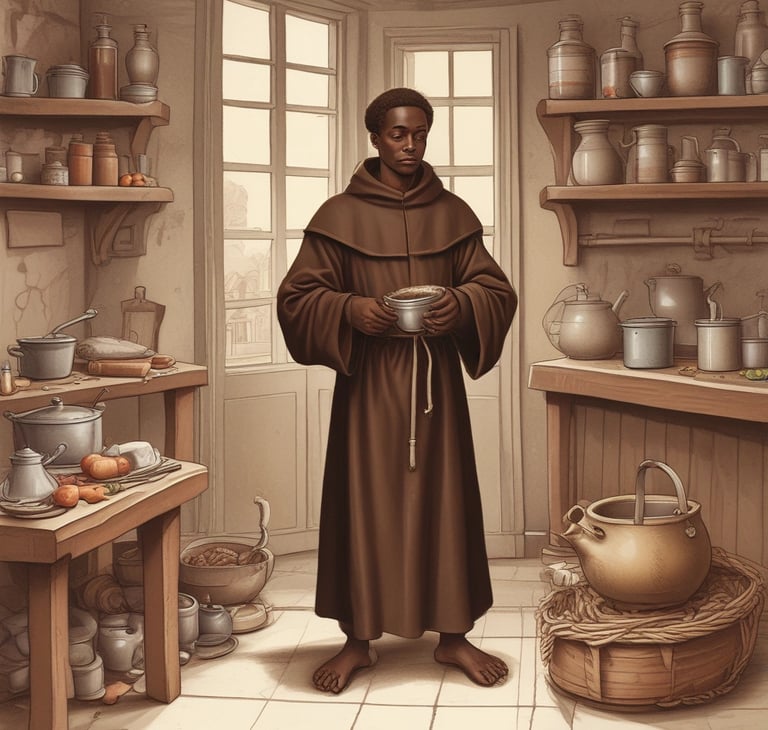 São Benedito trabalhando na cozinha