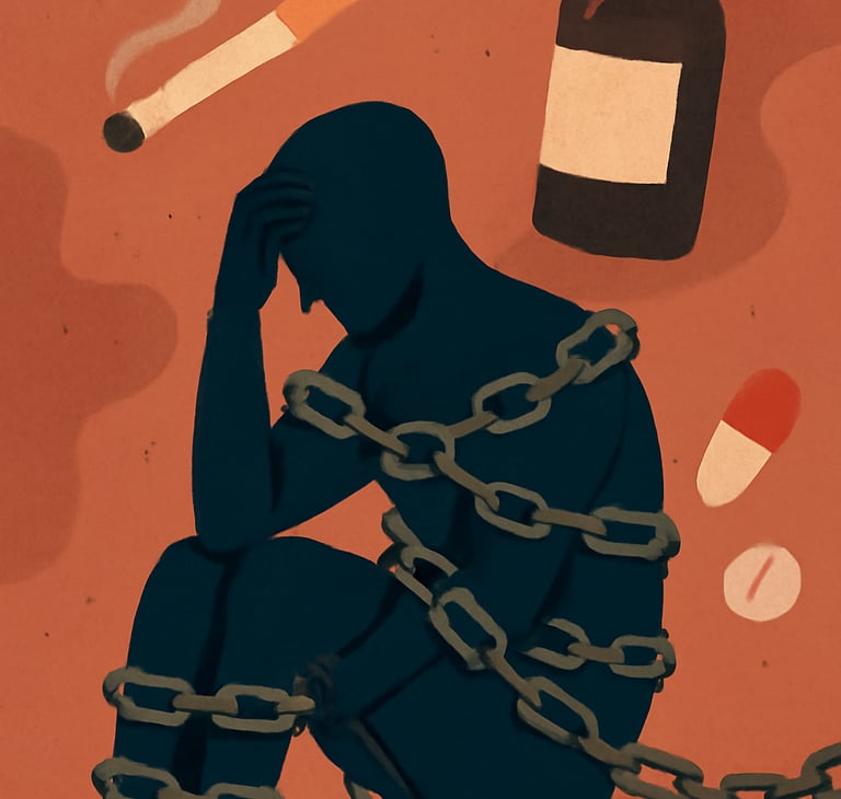 Animation of what it feels like to be caught in additions like alcohol, pills and smoking.