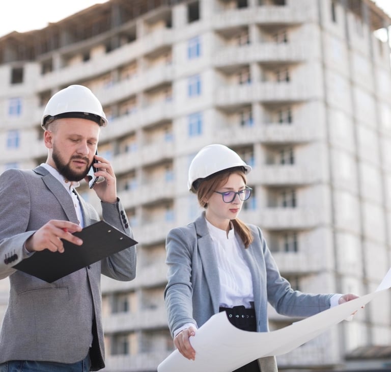 Bir şantiye alanında hem aktif işleriyle ilgilenirken hem de müşterileriyle iletişimde olan çalışanlar.