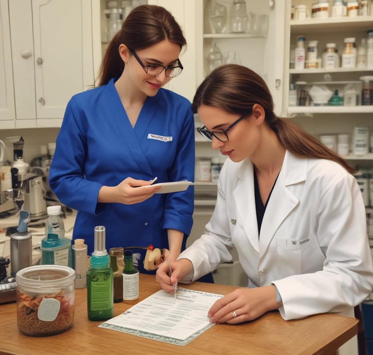 A black and white photograph depicting an old-fashioned apothecary or pharmacy room. A white lab coat hangs on a wooden door. On one side, shelves with jars and bottles, potentially containing various substances, line the wall. A wooden desk and chair are situated in the foreground, with various items such as a bottle, an open book, and small containers placed on it. The room has a rustic look with wooden furniture and fixtures.