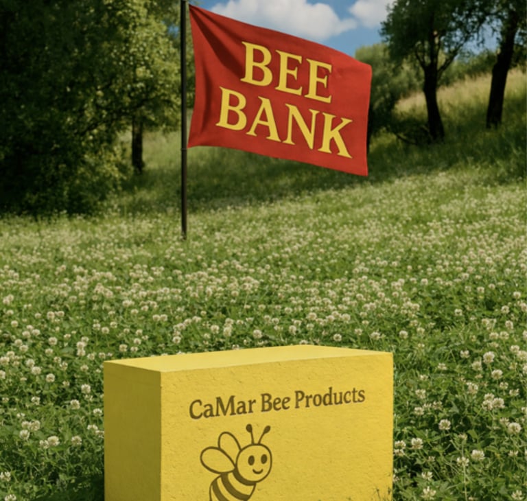 A yellow CaMar Bee Products block and a red Bee Bank flag in a blooming clover field.