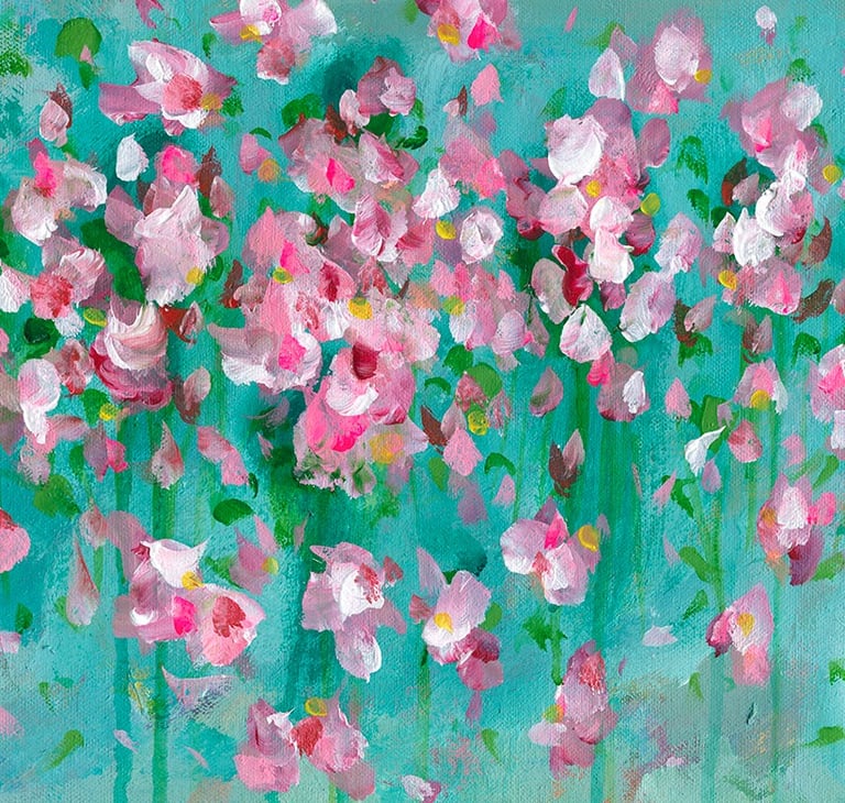 pink red abstract flowers on turquoise background