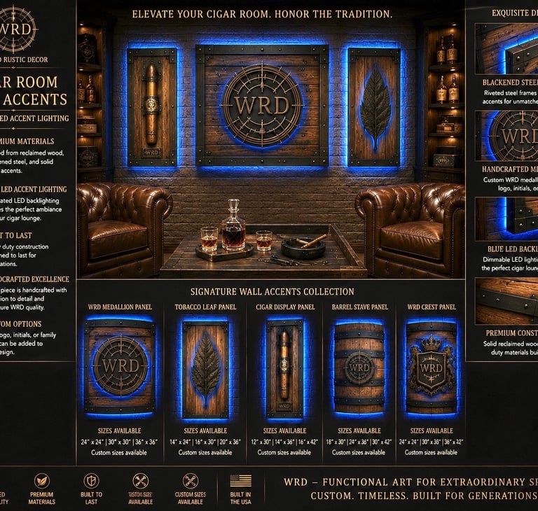 Luxury rustic cigar room wall decor with blue LED backlighting and reclaimed wood panels for home bars.