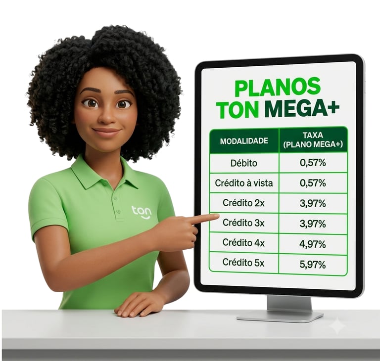 Suzane 3D apontando para tabela de taxas do plano TON MEGA+