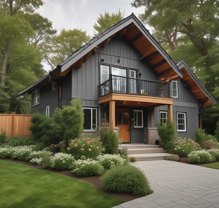 A modern two-story house with a sleek design featuring a mix of wood and glass elements. The facade includes large windows and balconies with glass railings. The surroundings are lush with well-maintained grass, rocks, and various trees.