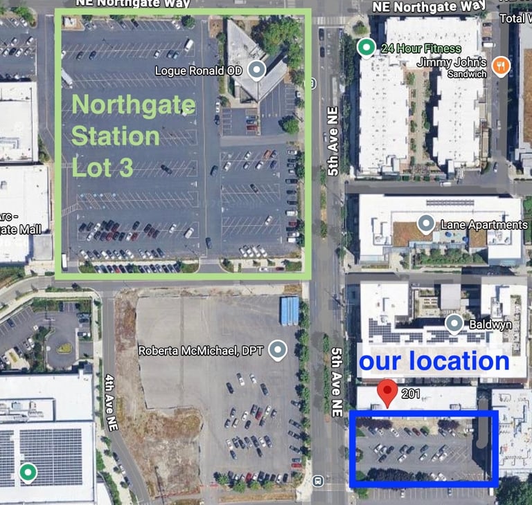 Aerial map of Northgate Station Lot 3 parking and office location near 5th Avenue NE in Seattle.