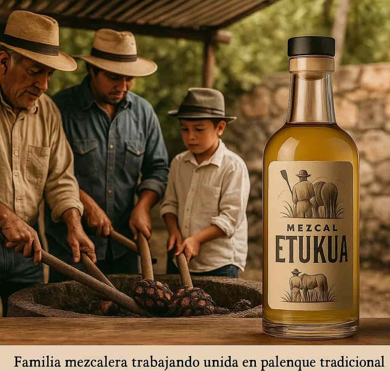  Tres generaciones de familia trabajando juntos en proceso de producción de mezcal artesanal