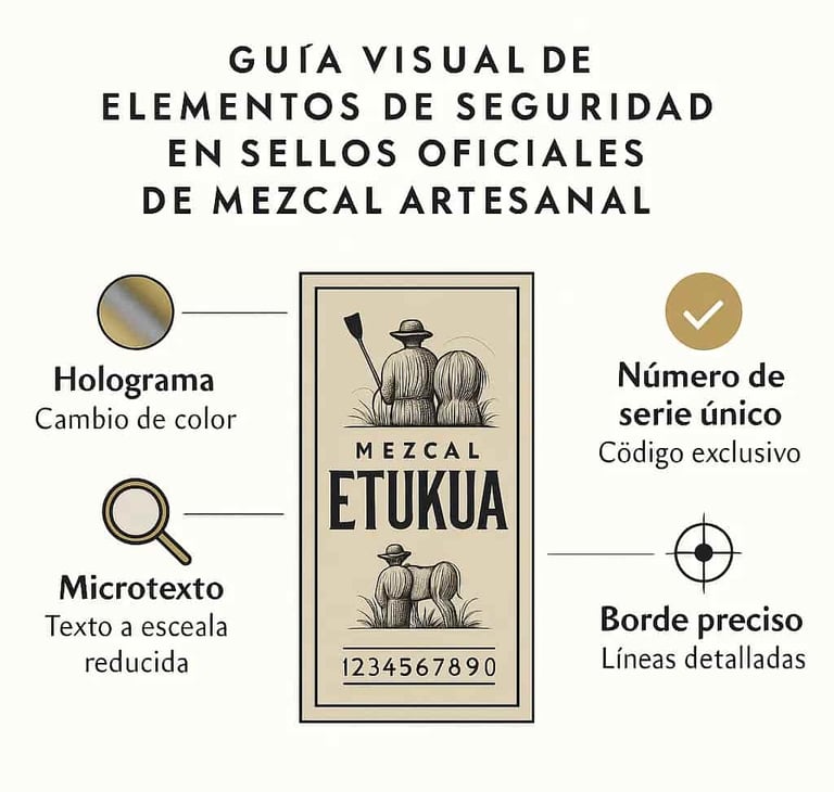 Infografía que muestra y explica los elementos de seguridad en sellos oficiales de mezcal