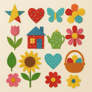 A collection of colorful appliqué quilt designs displayed on a cream background, featuring shapes su