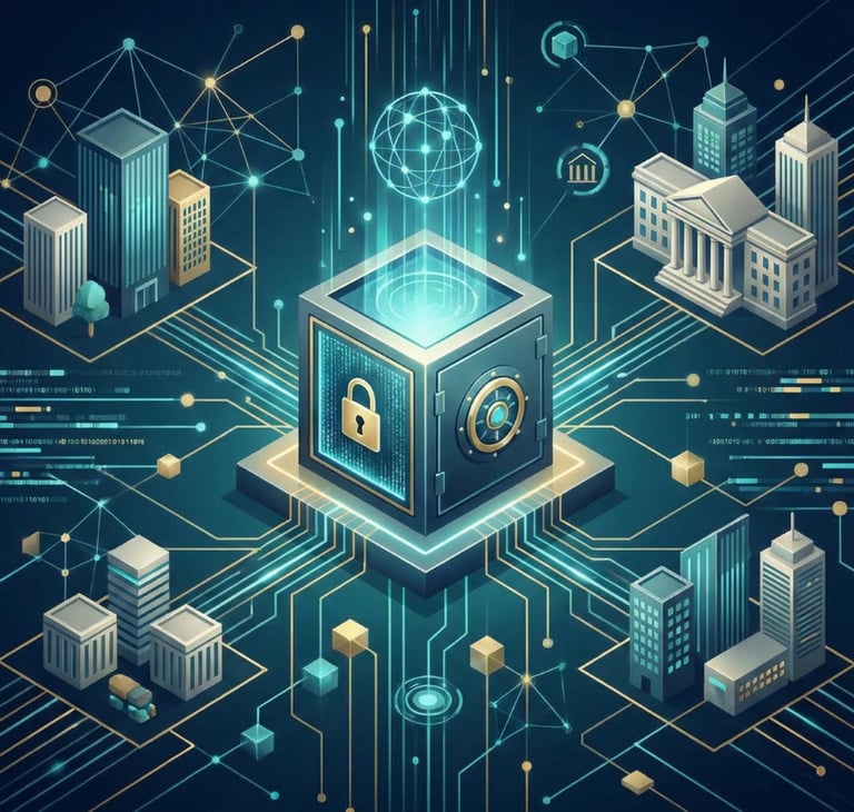 Digital vault with a padlock icon representing cybersecurity and secure data storage in a smart city network.