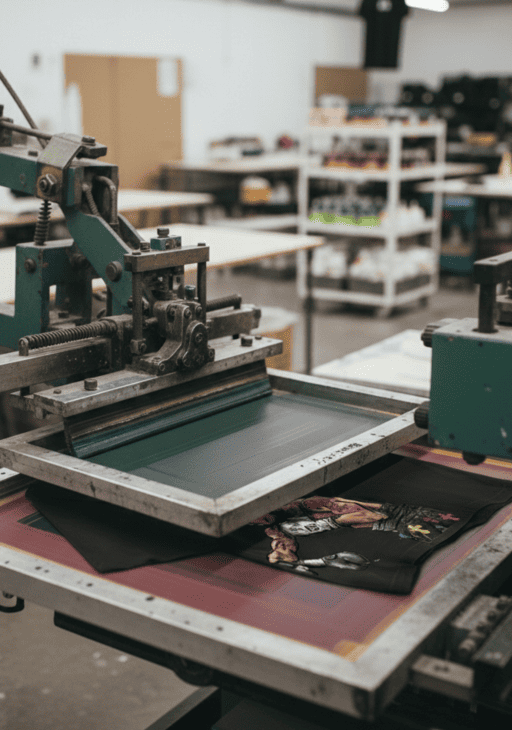 Máquina automática profesional de serigrafía imprimiendo un diseño gráfico colorido en camisa  negra