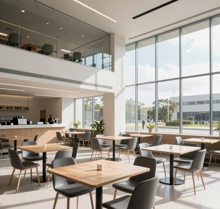 Wide-angle architectural photograph of a modern, pristine corporate cafeteria in Colombia, clean lines, bright daylight streaming through large windows, empty dining tables, high-end corporate design.