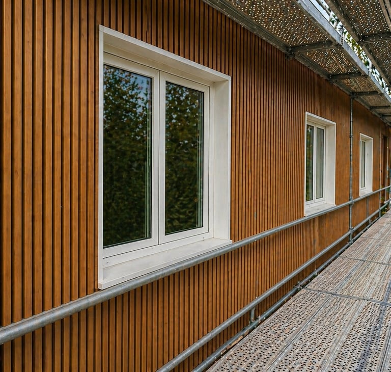 Bardage bois moderne avec échafaudage – rénovation façade SAN BAT