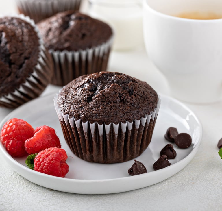 Double chocolate chip muffin on a plate with fresh raspberries and a cup of coffee.