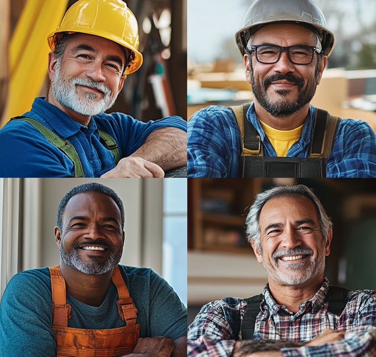 a group of four business owners smiling at camera on their worksites
