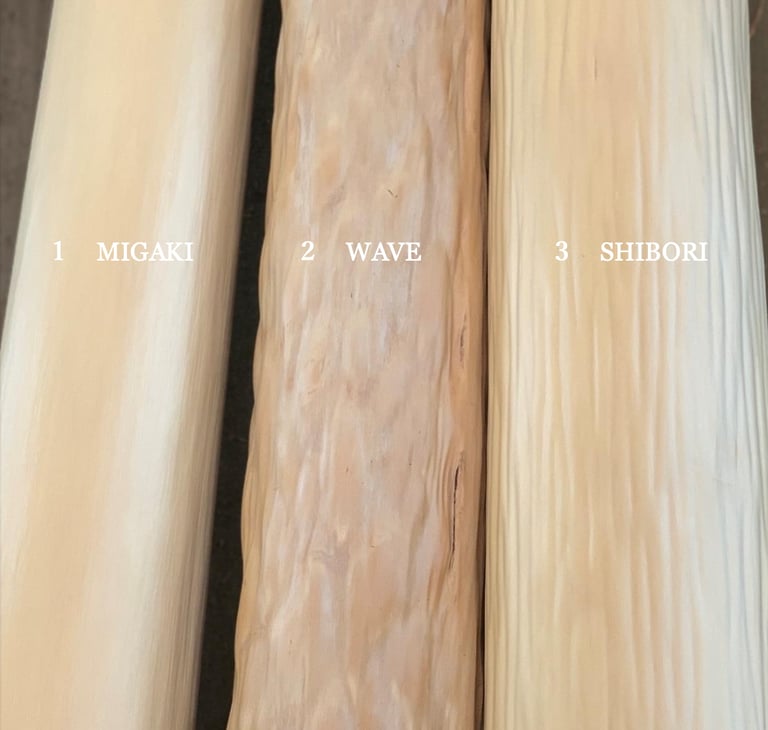 Three textures of Japanese cedar logs: smooth Migaki, textured Wave, and vertical Shibori grain.