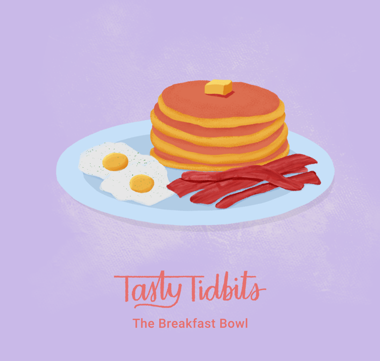 a breakfast bowl with pancakes, bacon, eggs, bacon, bacon, eggs, illustration