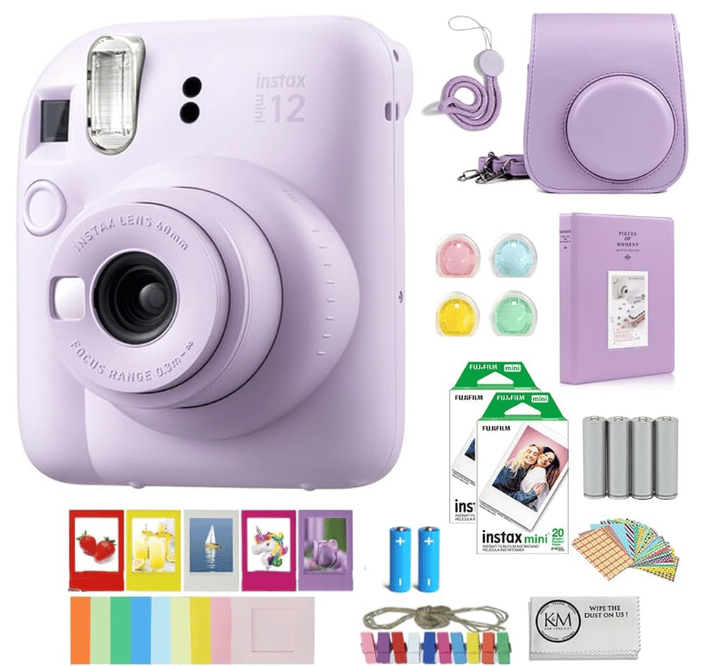 a purple instant camera with accessories