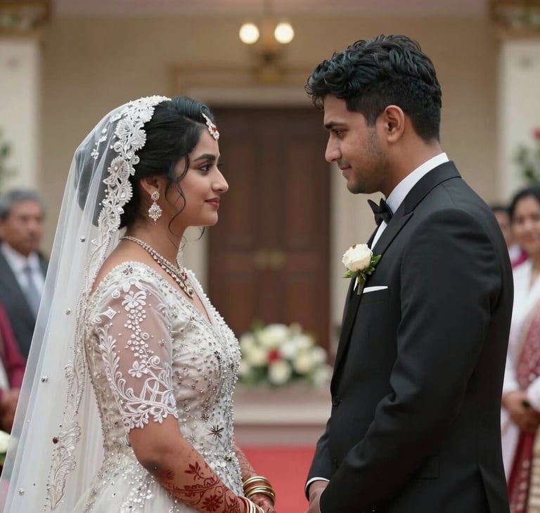 A bride in a white embroidered South Asian gown and a groom in a black tuxedo during a wedding ceremony.