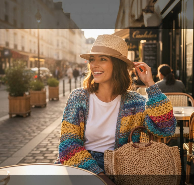 Femme stylée transformant un basique blanc avec accessoires colorés et layering chic, astuce mode 