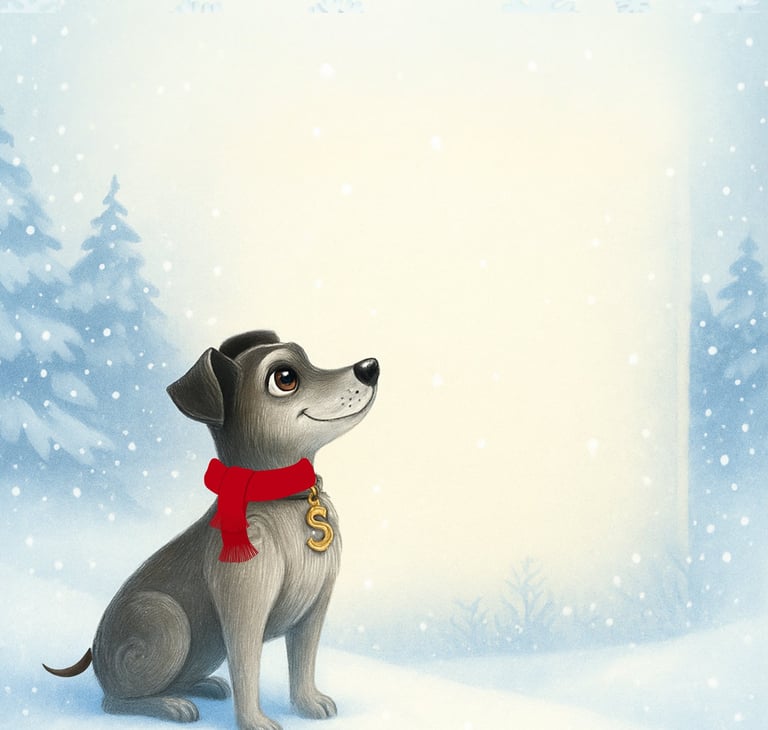 Samson the storybook dog in a red scarf sitting in a soft winter snow scene with glowing light and falling snowflakes — hero
