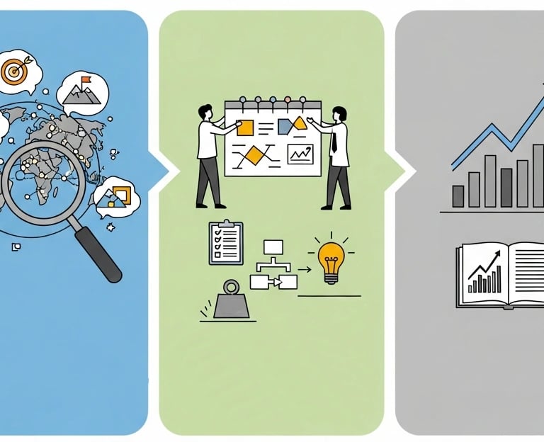Business infographic showing global market research, strategic planning, and financial growth data.