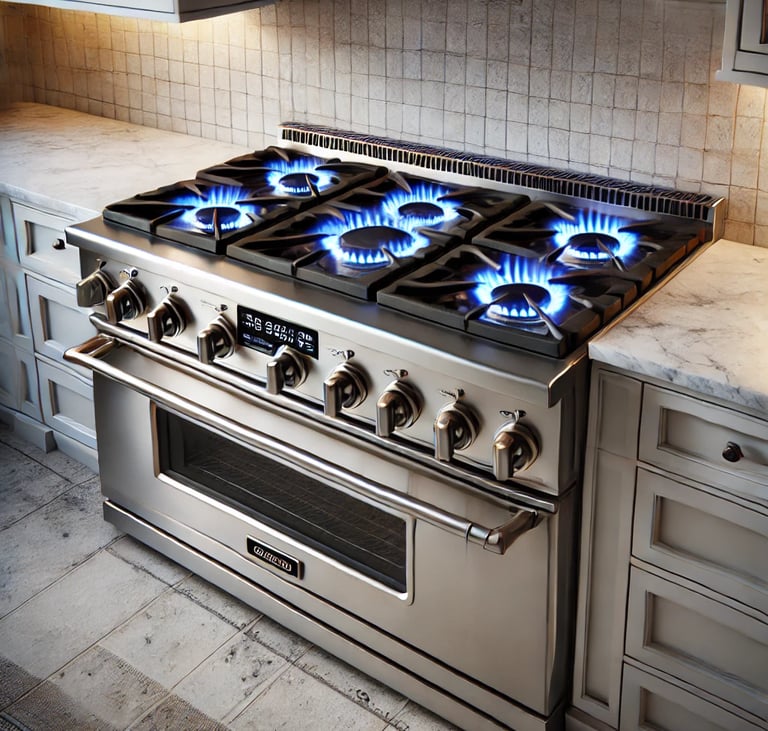 a stove top oven with a blue flame on it