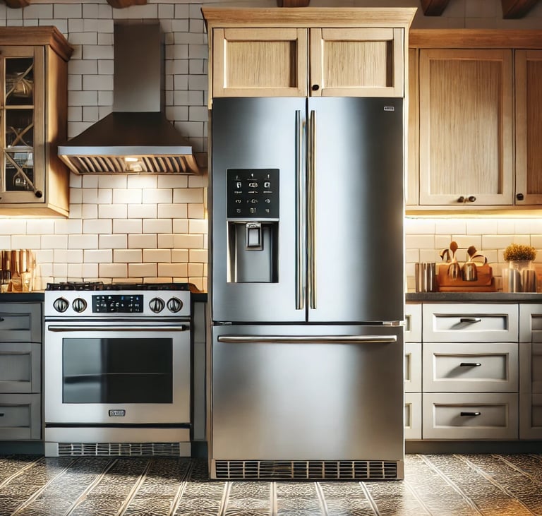 a kitchen with a refrigerator, stove and Hood Range