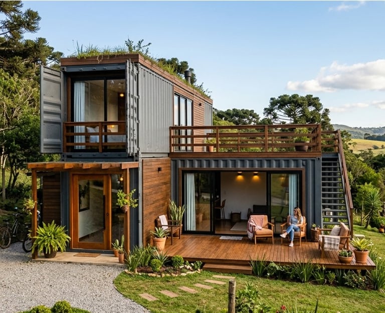 Casa de dois andares em contaners com varanda com vistas para a mata