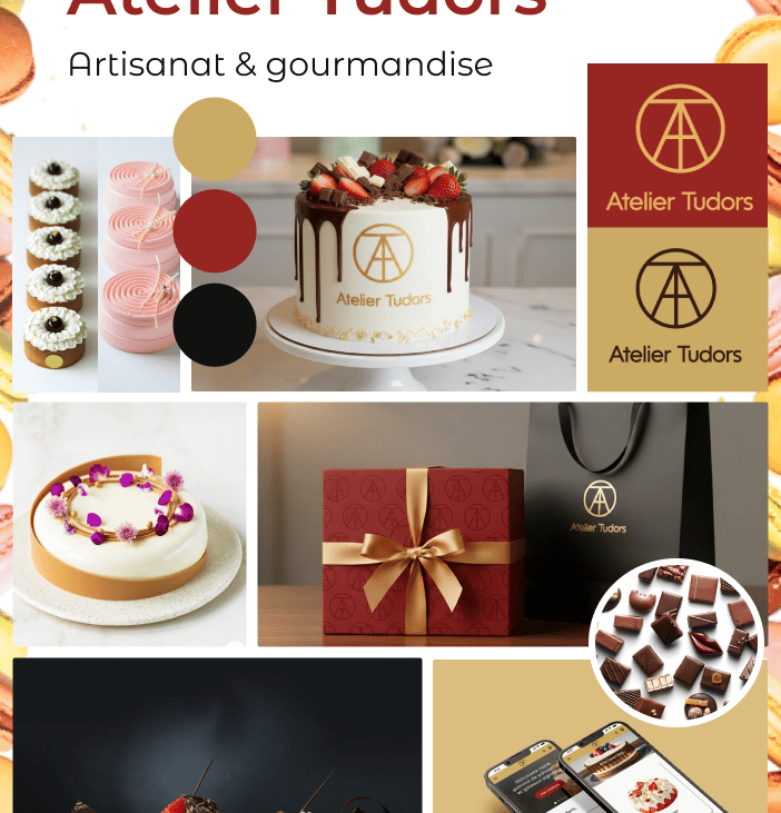 Moordboard images de gâteaux, avec une boite de chocolats et le logotype "Atelier Tudors"