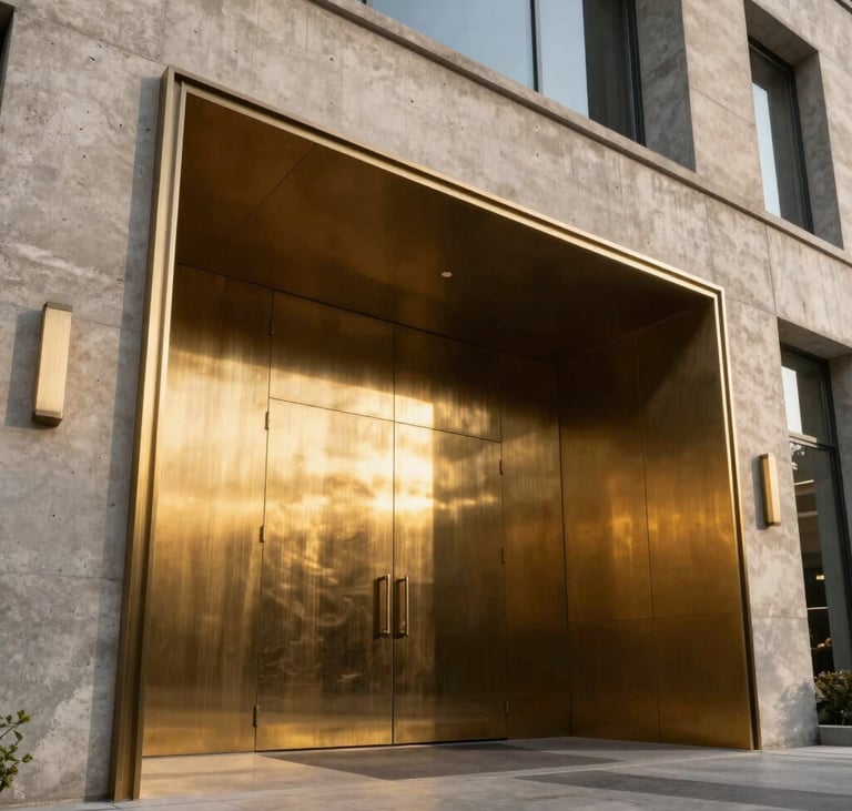 Low-angle architectural crop of a premium building entrance, raw poured concrete, brushed brass metallic paneling, natural stone textures under dramatic golden hour sunlight.