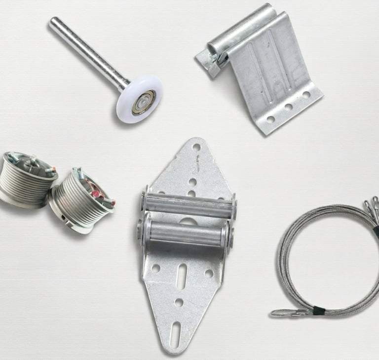 A collection of silver metal garage door replacement parts including rollers, hinges, cables, and drums.