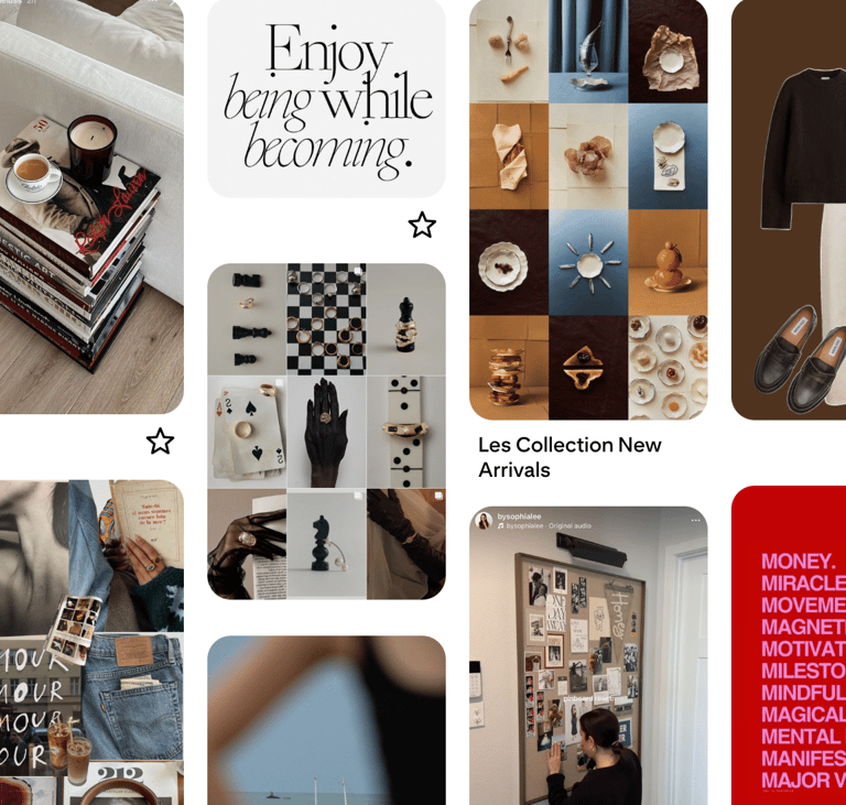 Collage of aesthetic lifestyle inspiration, fashion outfits, and interior design details