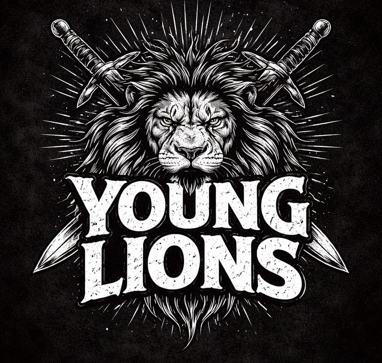 Black and white graphic of a lion head with crossed swords and Young Lions text.