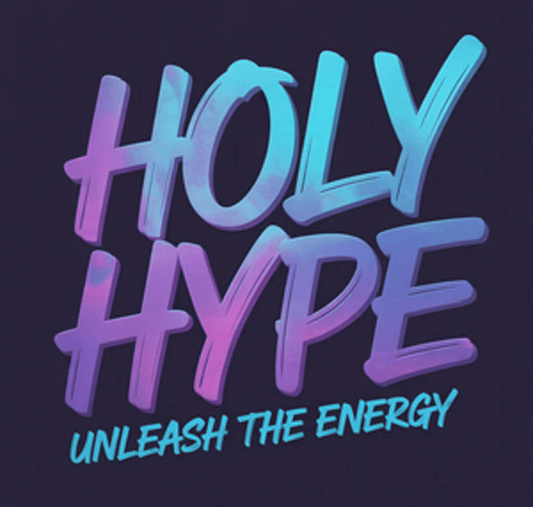 Holy Hype unleash the energy text in neon purple and blue stylized brush font.